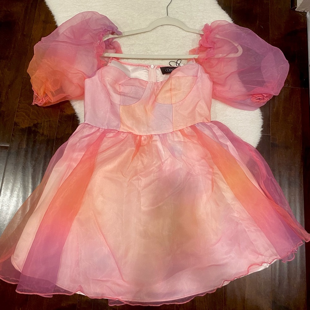 SUNSET PINK organza mini dress puff sleeves - NEW WITH TAGS